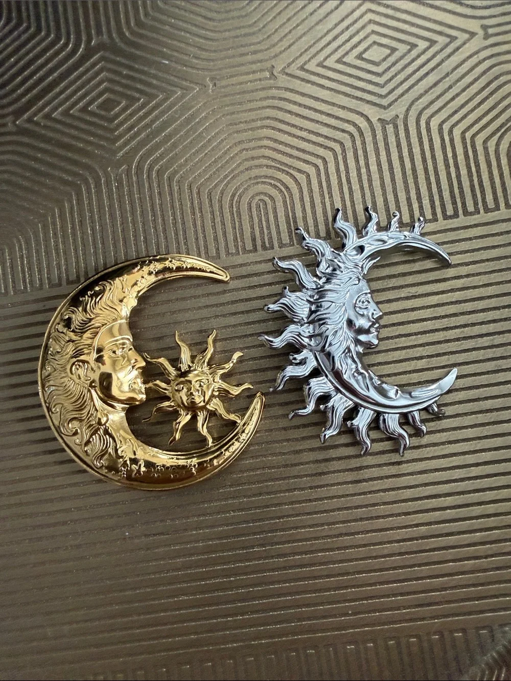 Celestial Sun & Moon Gold & Silver Brooch Set